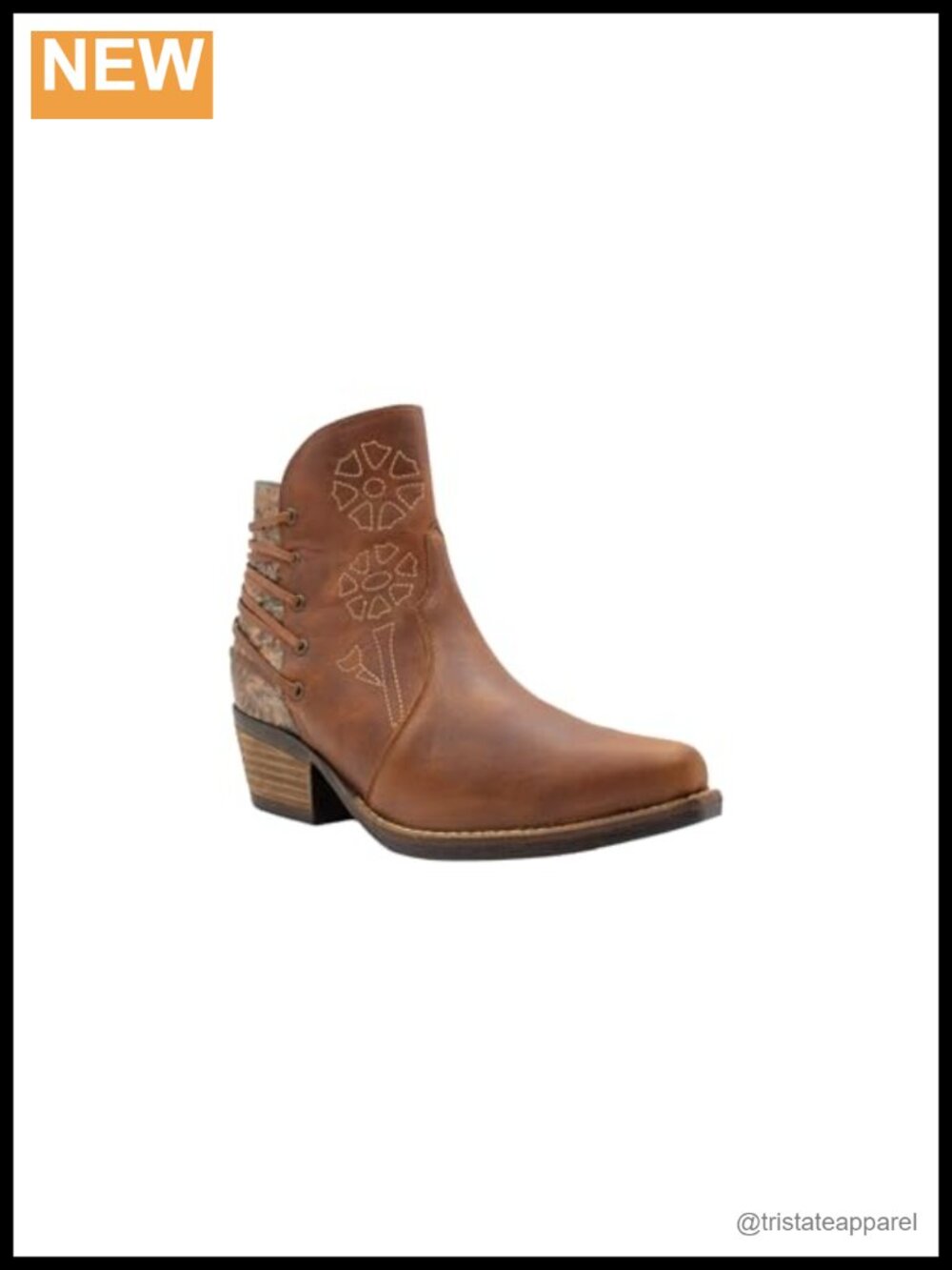 Leather Ankle Bootie with Stacked Heel, Pull-On Style with Zipper, Round Toe,
